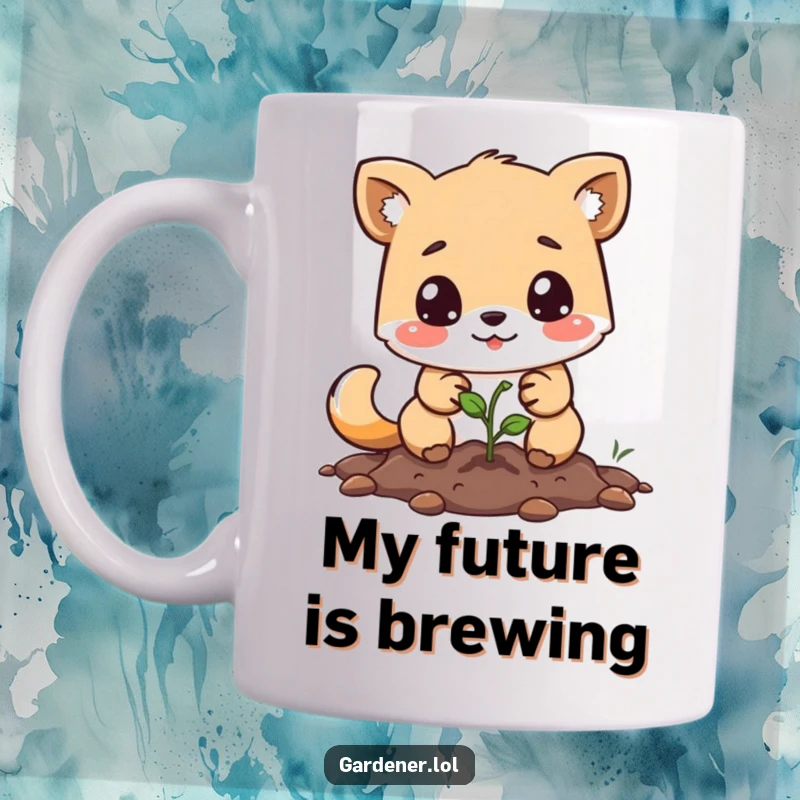 Funny mug showing a determined animal character happily planting a tiny seed, symbolizing new beginnings and gardening joy.