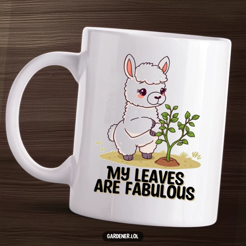 Funny Llama Gardener Mug: A thoughtful llama meticulously prunes a tiny tree with a serene expression, perfect for plant enthusiasts.