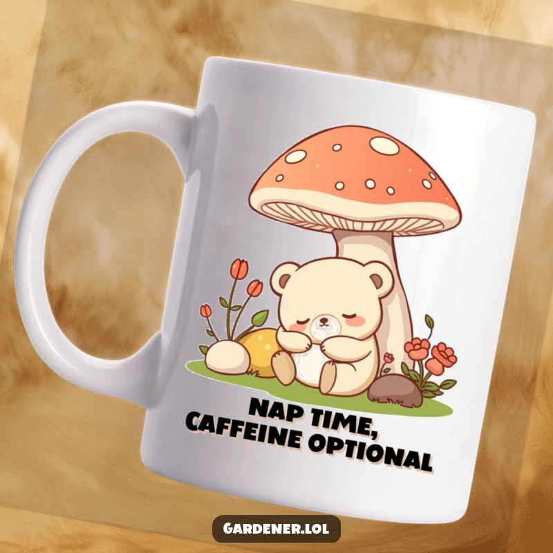 Funny Kawaii bear gardener mug, a sleepy character napping peacefully under a large mushroom, ideal for relaxation.