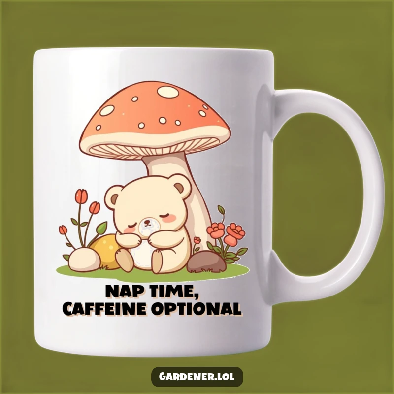 Funny Kawaii Bear Gardener Mug, Sleepy Snoozer Under Mushroom, Gift for Tired