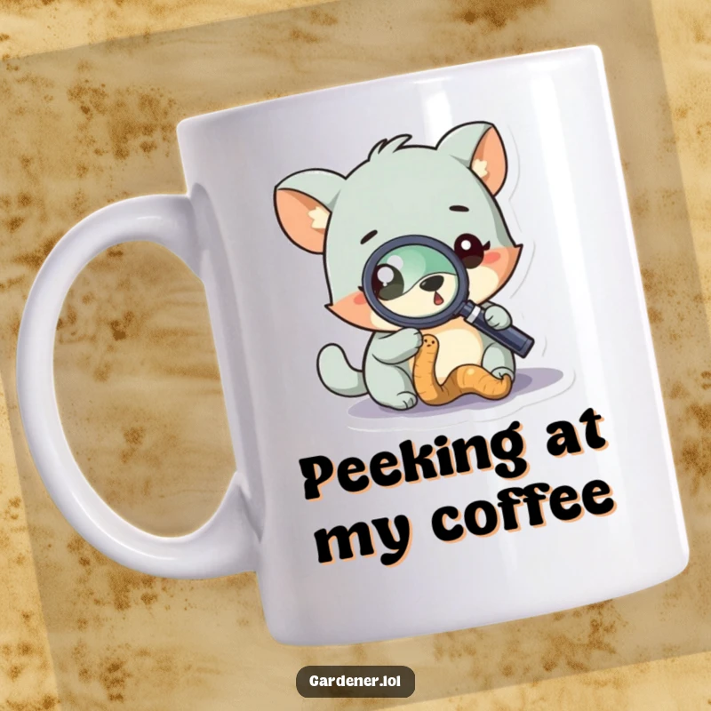 Funny mug with a curious animal character intently examining a wiggly worm under a magnifying glass, showcasing scientific interest.