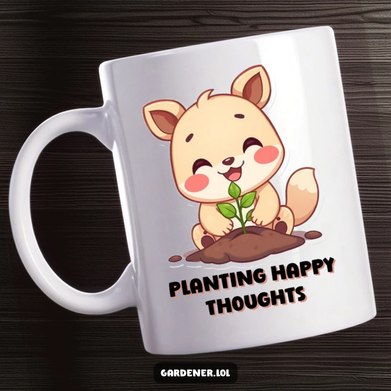 Funny happy animal character planting a tiny seedling with a big smile, joyful gardening mug, optimistic nature scene.