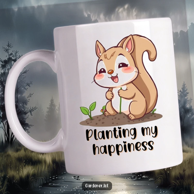 Funny mug showing an excited squirrel character cheerfully planting seeds, embodying the joy of gardening and nature’s bounty.
