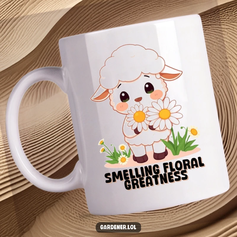 Funny Kawaii sheep gardener mug, a cheerful character smelling a very large daisy, celebrating nature and joy.