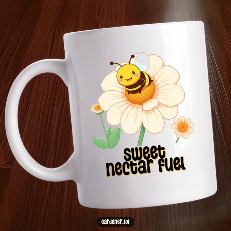Funny bee mug featuring a smiling character hovering over a giant blooming flower, exuding happiness and nature.