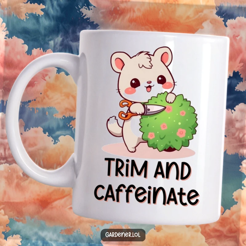 Funny mug showcasing a cute animal character happily pruning a bush with tiny shears, expressing diligence and a love for gardening.