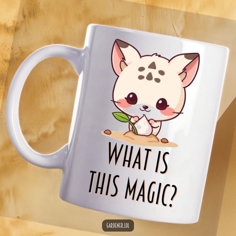 Funny mug with a cute animal peeking curiously at a tiny sprouting seed, symbolizing hope and gentle observation for nature lovers.