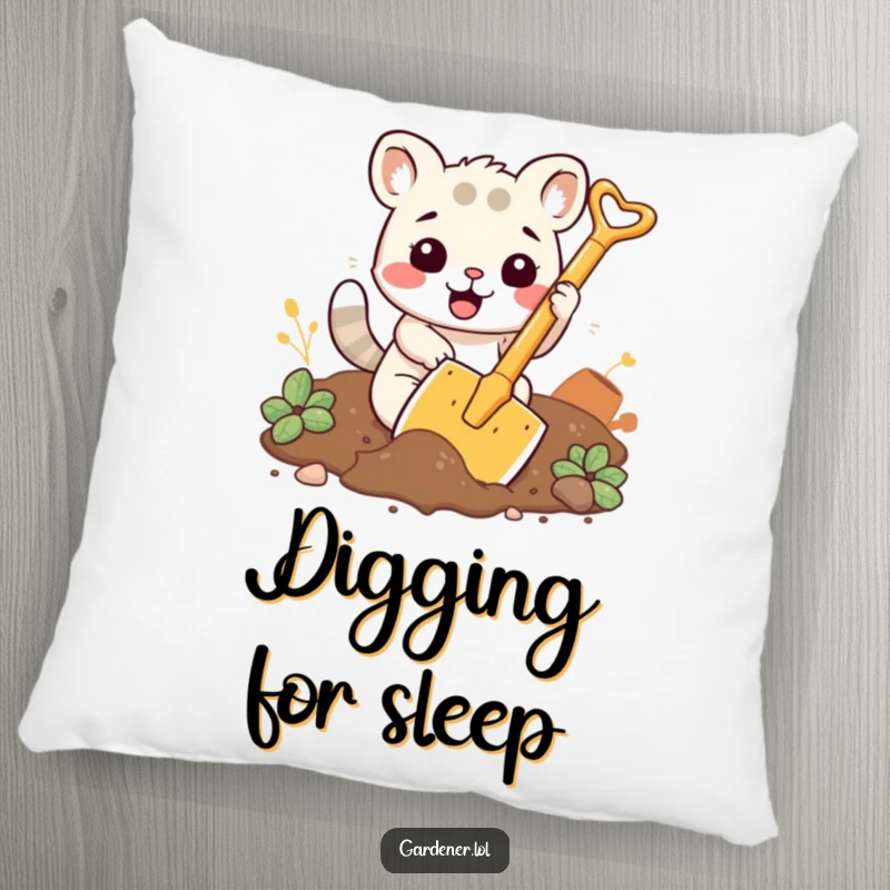 Funny pillow depicting a kawaii animal character enthusiastically digging soil with a comically large shovel.