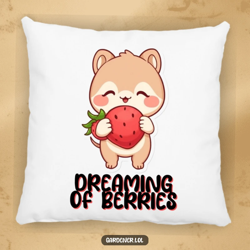 Funny throw pillow featuring a cute animal character examining a plump, happy strawberry with intense glee, a humorous and delightful accent.