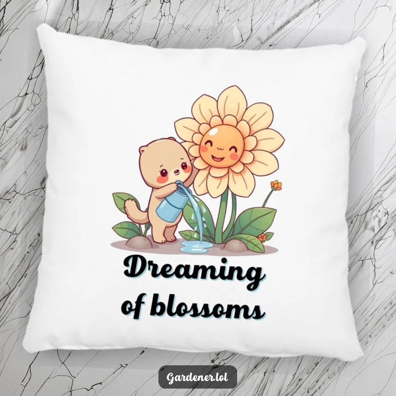 Funny cute animal character watering a big smiling flower, soft decorative pillow, whimsical gardening accent.