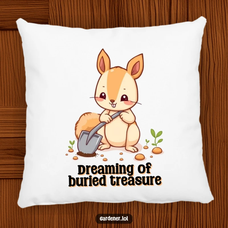 Funny squirrel planter character with a tiny shovel, designed for a soft and funny pillow.