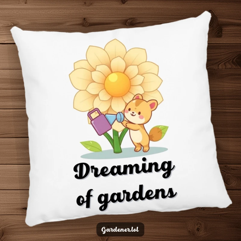 Funny Animal Gardener Pillow: Cute joyful animal character happily waters a giant flower with a watering can, soft, comfortable, and charming, a cute funny gift.