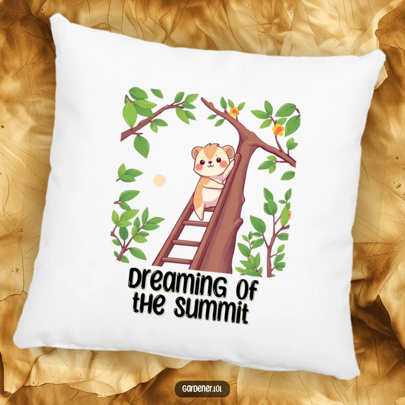 Funny determined animal climbing a ladder to reach high branches, soft decorative pillow, motivational accent.