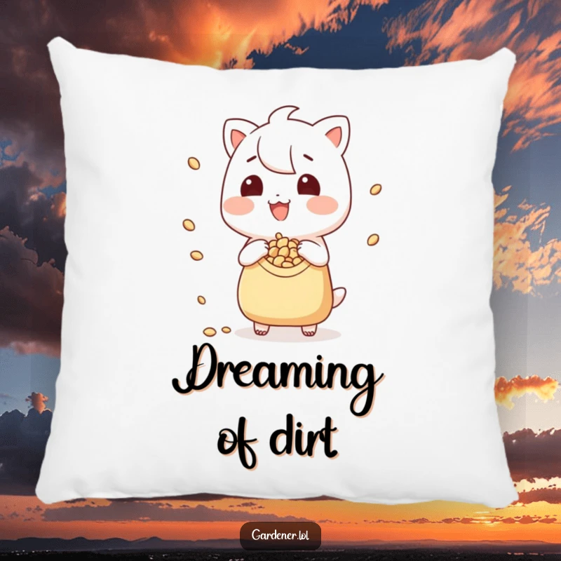 Funny decorative pillow with a smiling character scattering seeds from a pouch, perfect for adding humor and comfort.