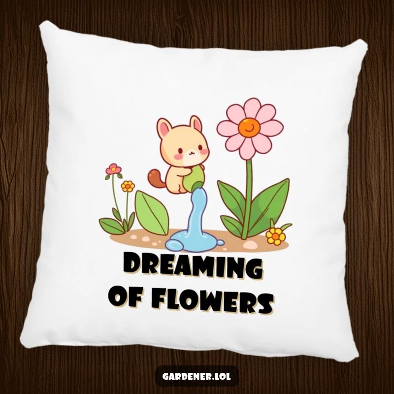 Funny pillow featuring a small animal character joyfully watering a comically large flower, offering cozy comfort and blooming charm.