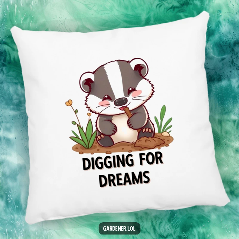 Funny pillow: A delighted badger gardener with dirt on its nose digs enthusiastically, bringing cozy, earthy vibes.