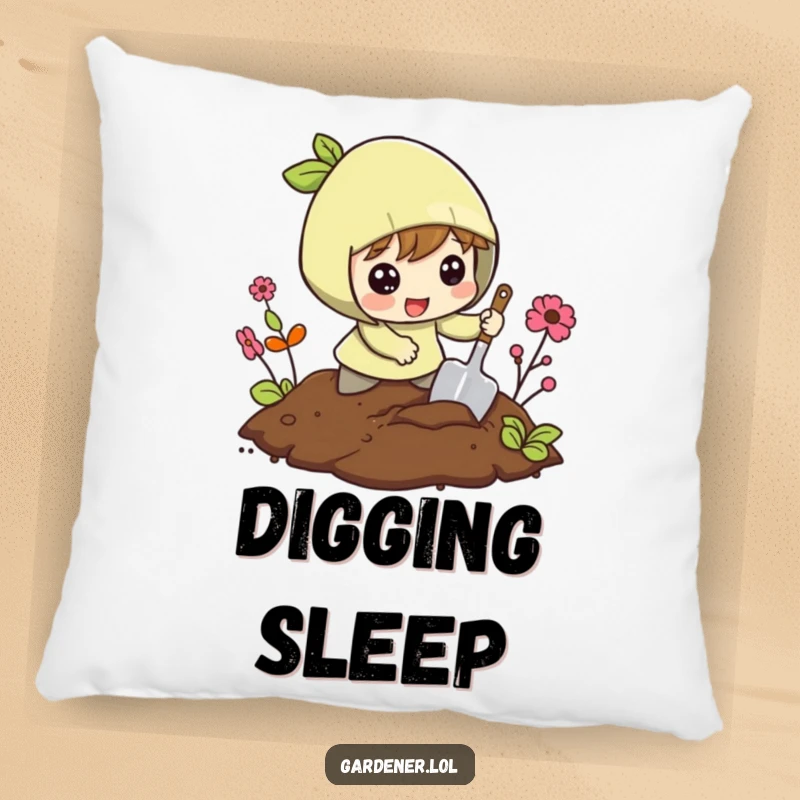 Funny pillow featuring a character excitedly digging in the soil with a small shovel, perfect for cozying up with garden fun.