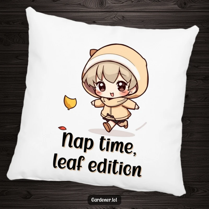 Funny Pillow: A character is depicted in playful pursuit of a falling autumn leaf, adding cozy and humorous fall decor.