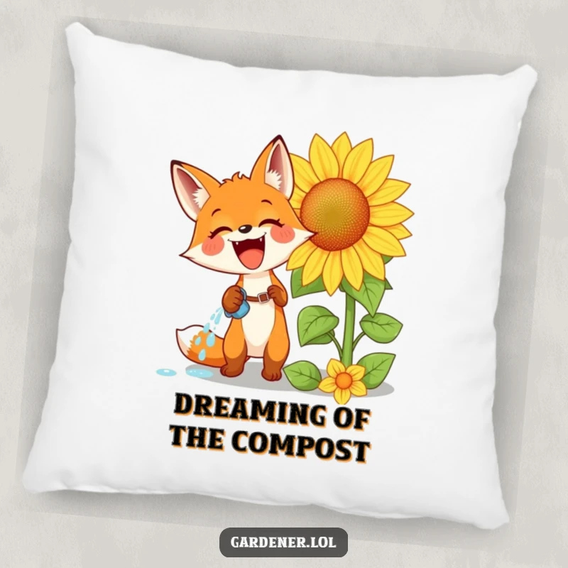 Funny pillow with an excited fox watering a huge sunflower with glee, providing a soft and humorous decorative accent.