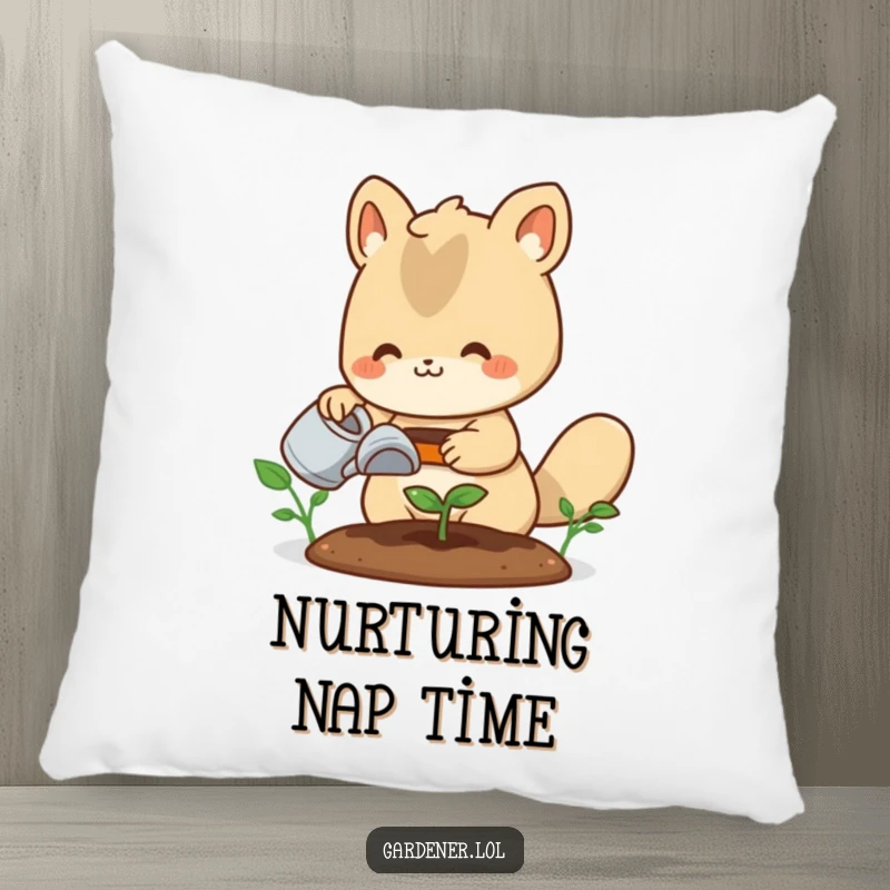 Funny pillow: A happy animal gardener waters a delicate sprout, bringing a sense of peace and cheerful gardening vibes.