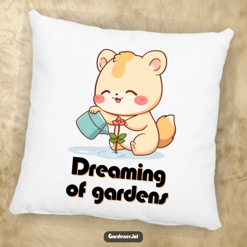 Funny Pillow with a cute animal character watering a smiling flower sprout, perfect for adding a humorous and comforting natural touch.