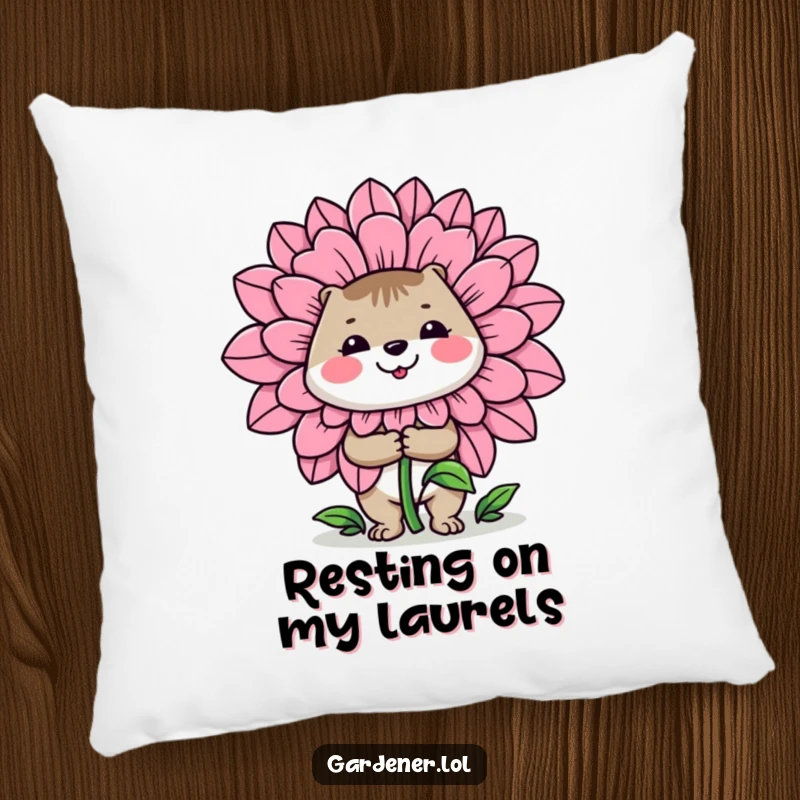 Funny pillow: A cheerful animal gardener proudly holds a giant flower, bringing vibrant energy and comfort to any space.