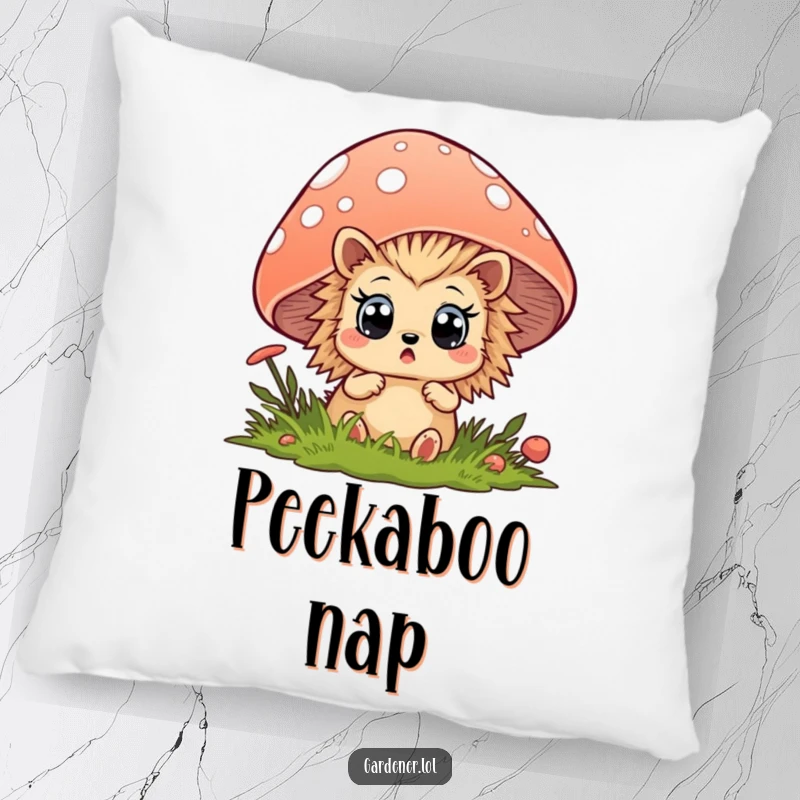 Funny hedgehog pillow featuring a surprised woodland animal hiding behind a mushroom, adding cozy charm and humor.