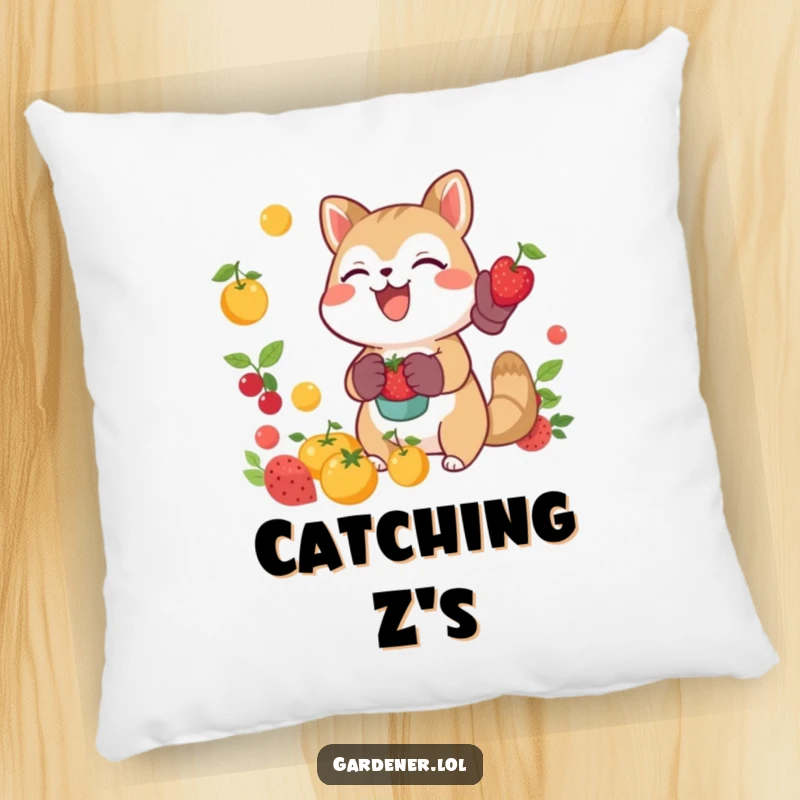 Funny joyful animal catching falling fruit with gardening gloves, soft decorative pillow, whimsical harvest accent.