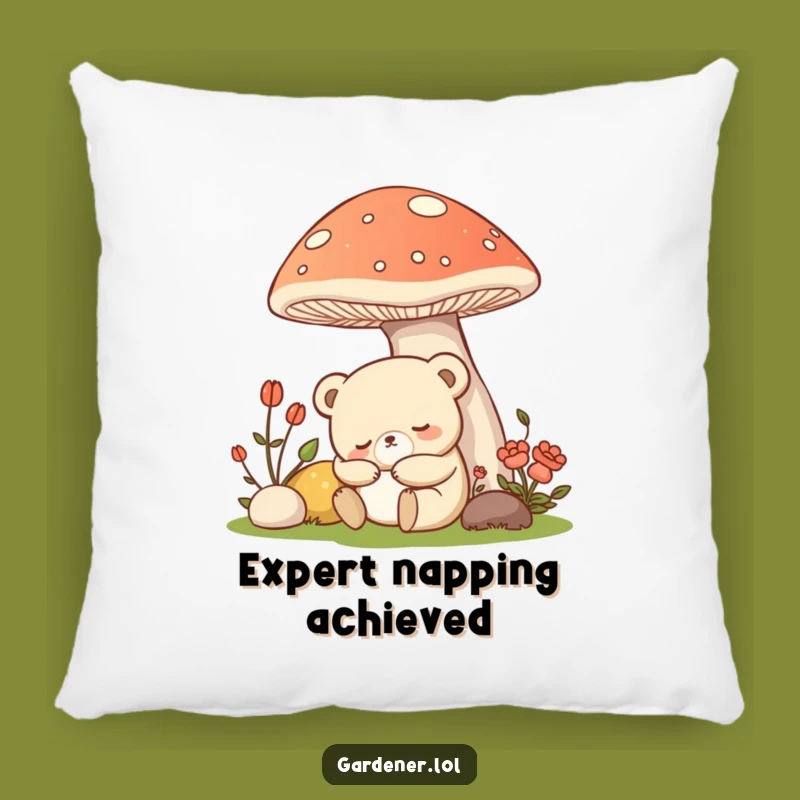 Funny Kawaii Bear Gardener Pillow, Sleepy Mushroom Cushion, Cozy Gift