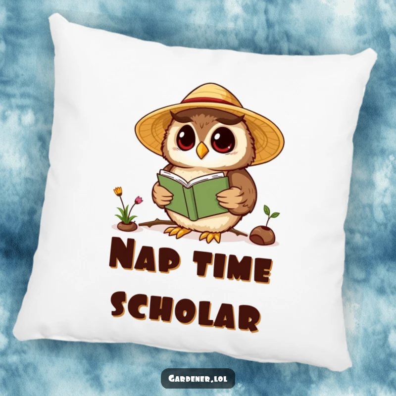 Funny Kawaii owl gardener pillow, depicting a wise owl in a straw hat reading a gardening book, offering comfort and humor.