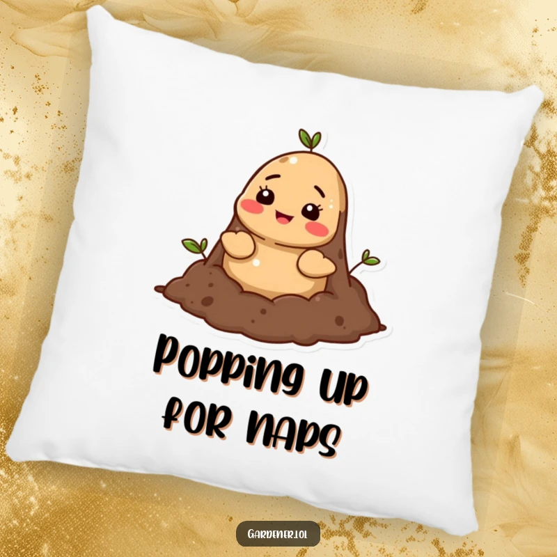 Funny mole soil pillow, a cheerful cartoon mole character popping its head out of rich soil, bringing earthy comfort and cheer.