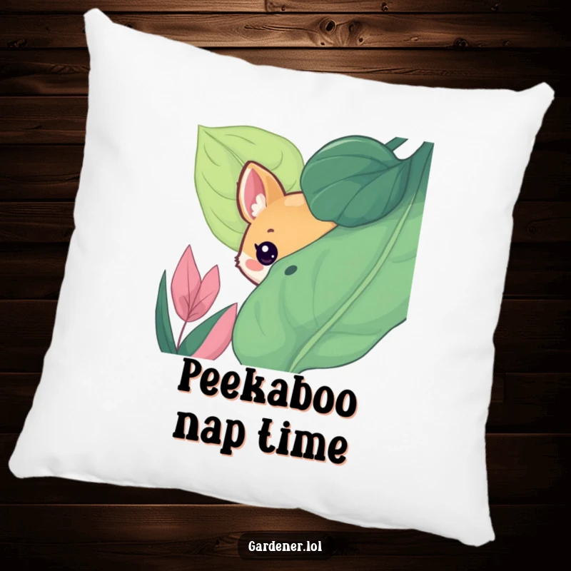 Funny throw pillow featuring a cute animal character playfully peeking from behind a large, lush leaf, a humorous and charming accent.