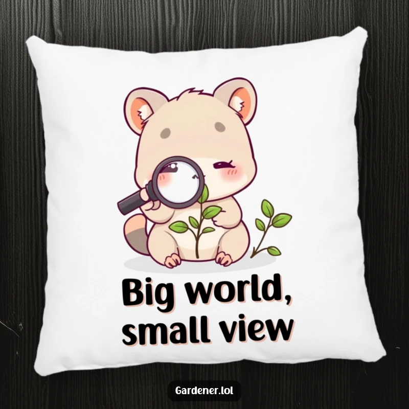 Funny pillow featuring a cute animal character peering through a magnifying glass at a plant, offering comfort and a humorous touch to decor.