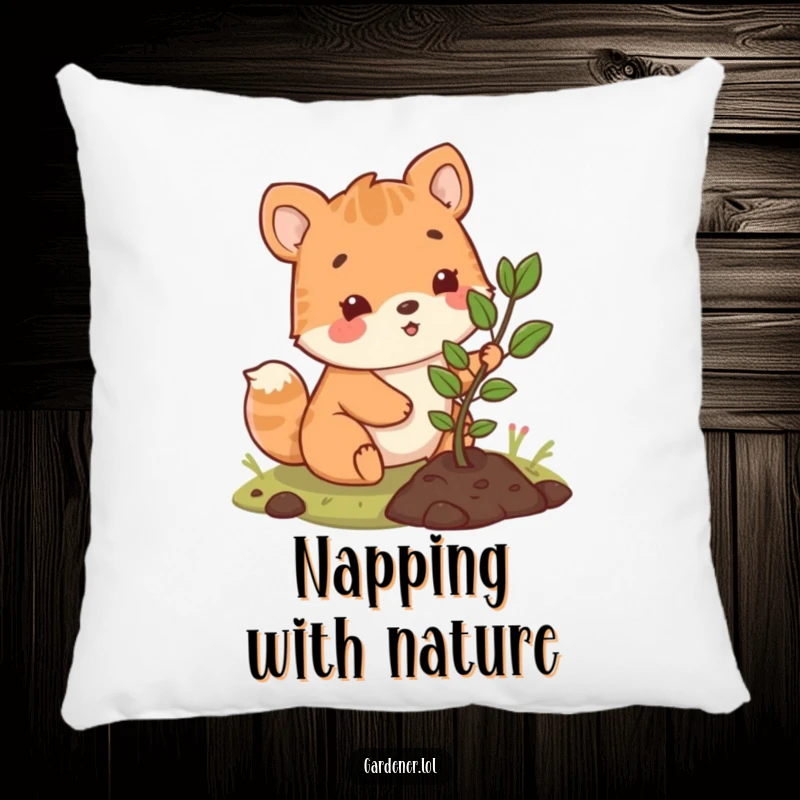 Funny pillow with a cute animal character happily planting a small sapling, offering comfort and a touch of nature-inspired joy.