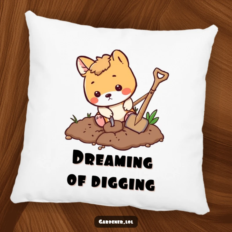 Funny playful animal digging in the dirt with a tiny shovel, soft decorative pillow, whimsical garden accent.