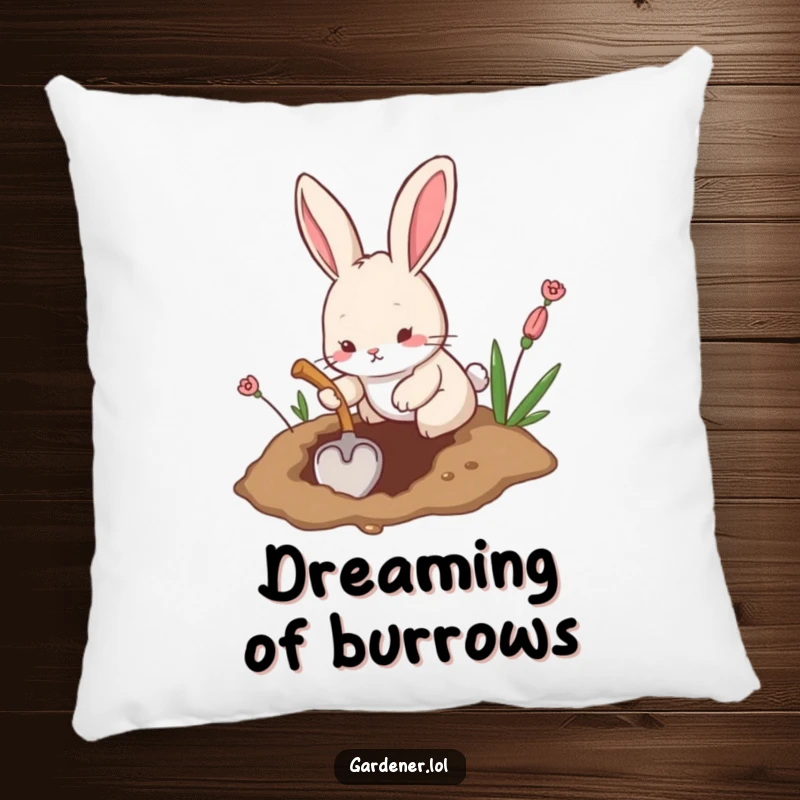Funny pillow featuring a playful rabbit digging a hole with a tiny shovel, radiating humorous industriousness and coziness.