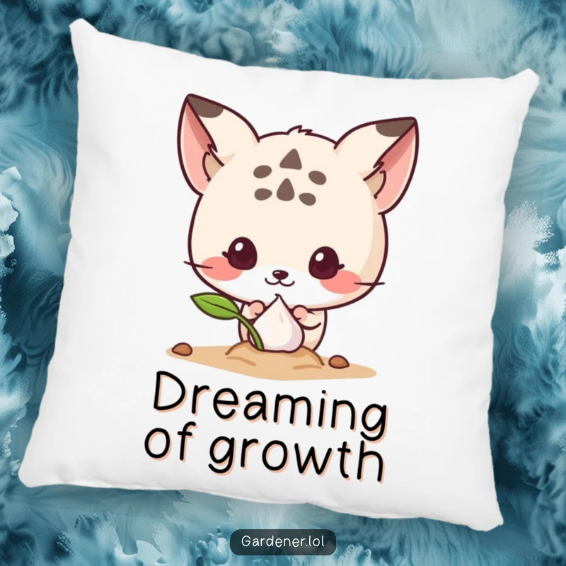 Funny pillow with a cute animal character peeking curiously at a sprouting seed, offering comfort and a touch of nature-inspired humor.