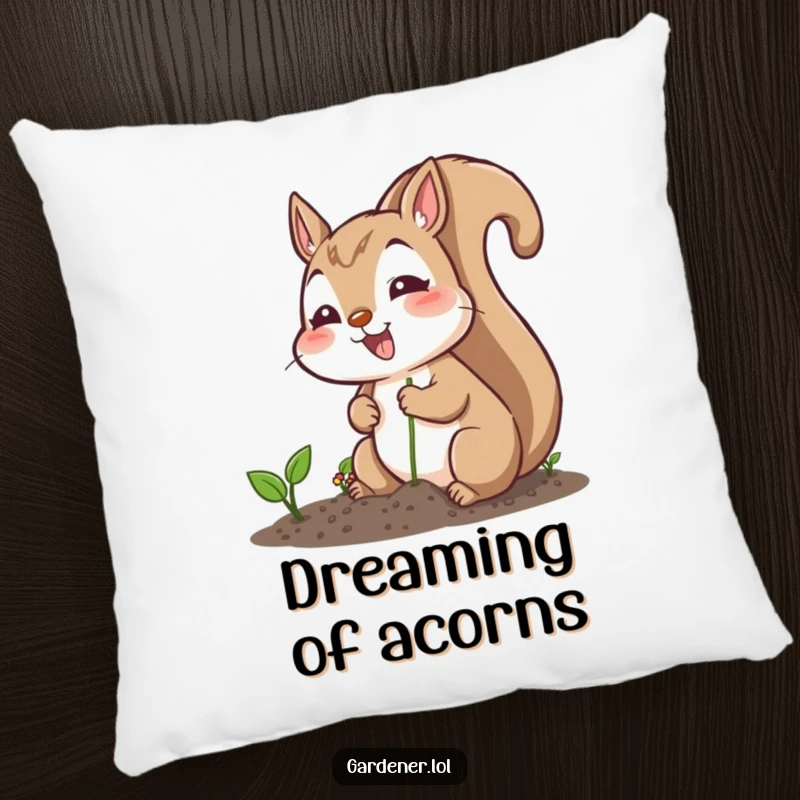 Funny pillow featuring an excited squirrel character planting seeds cheerfully, offering comfort and humorous garden-themed decor.