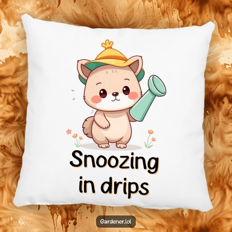 Funny pillow featuring a cute animal character with a watering can as a hat, providing comfort and a touch of adorably funny decor.
