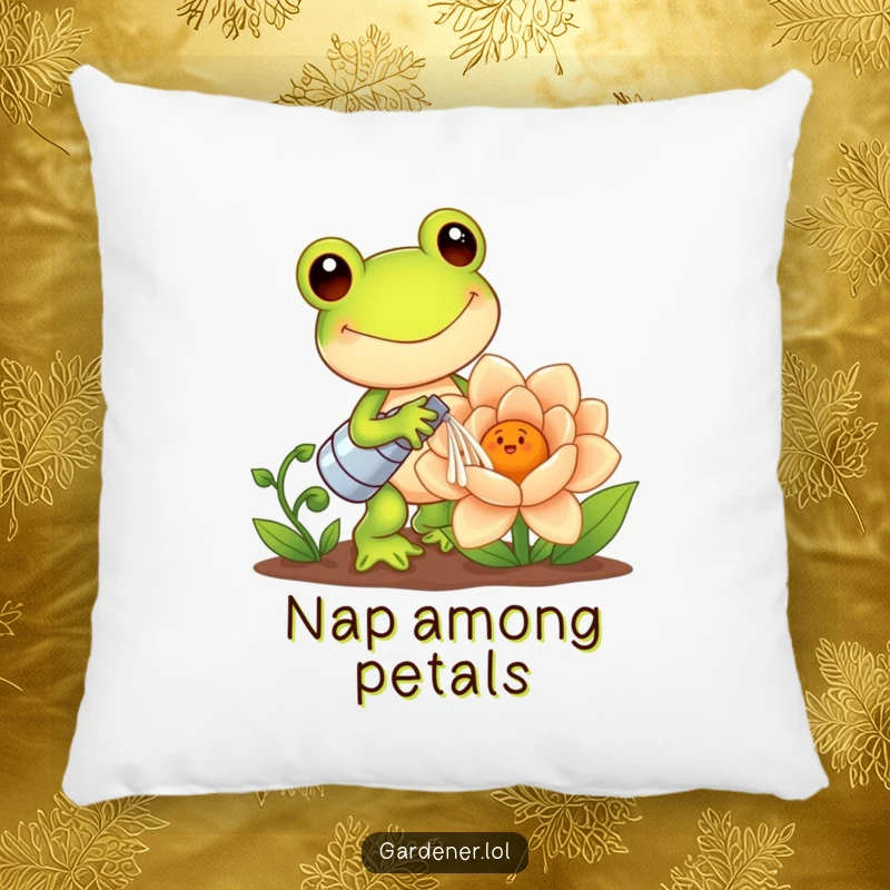 Funny Kawaii Frog Pillow: Happy frog gardener watering a giant smiling flower, offering cozy comfort and cute humor, a perfect funny gift.