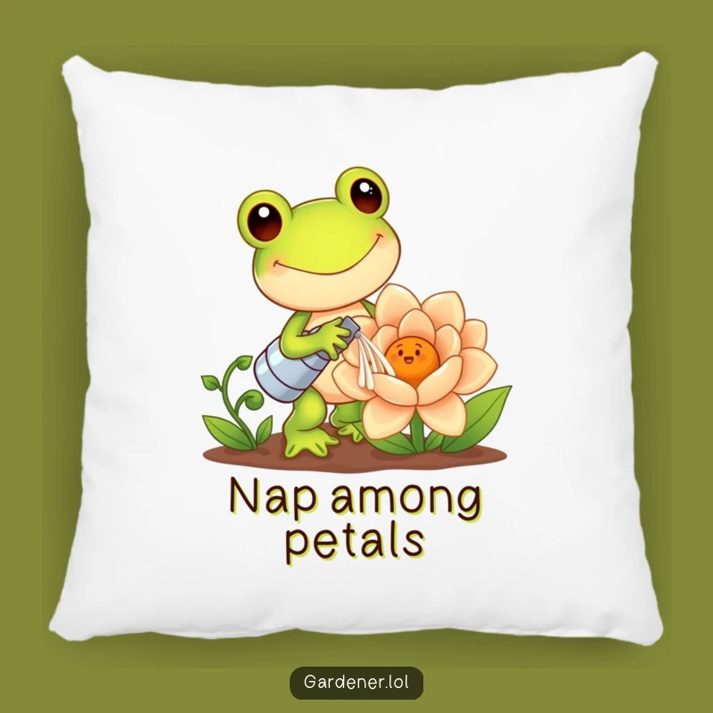 Funny Kawaii Frog Pillow: Gardener Watering Flower - Cozy and Cute Decor