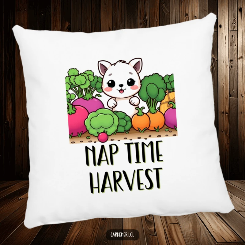 Funny decorative pillow featuring a happy animal tending enormous vegetables, adding humor and coziness to any space.