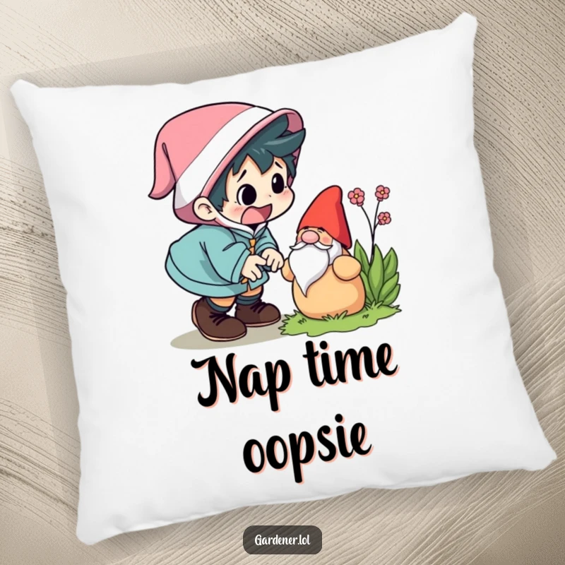 Funny pillow featuring a character comically tripping over a garden gnome, with a startled expression. Cozy funny gift accessory.