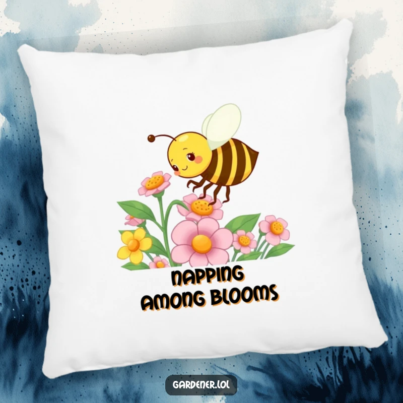Funny pillow of a busy bee character energetically pollinating a flower, offering plush comfort and a charming garden-themed touch.