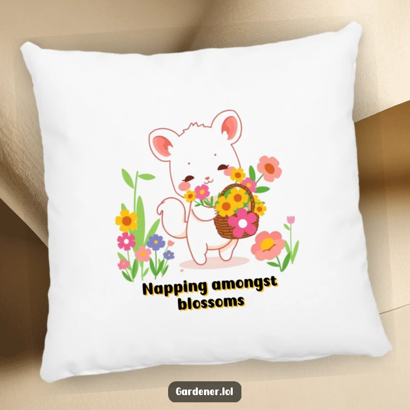 Funny throw pillow featuring a cute animal character happily collecting vibrant flowers in a basket, a humorous and charming accent.