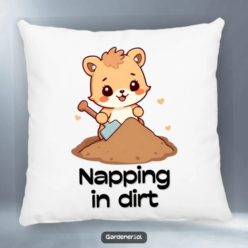 Funny animal character pillow resting on cheerful dirt, providing comfort and humor for any room.