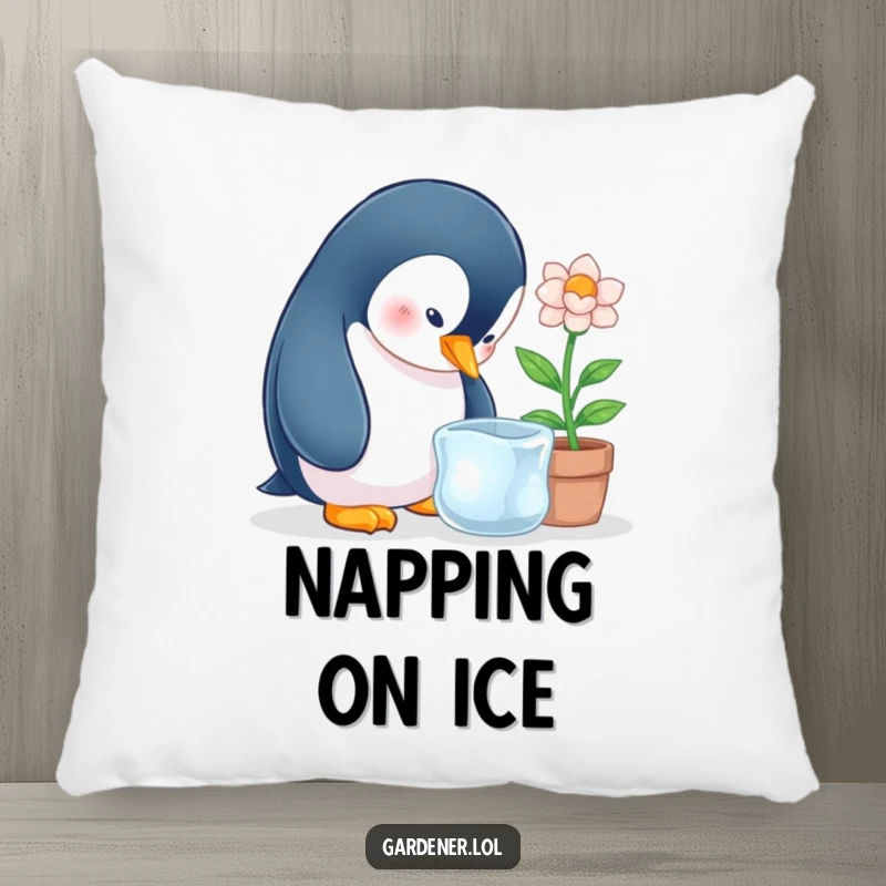 Funny penguin character tending an ice flower in a pot, designed for a soft funny pillow.