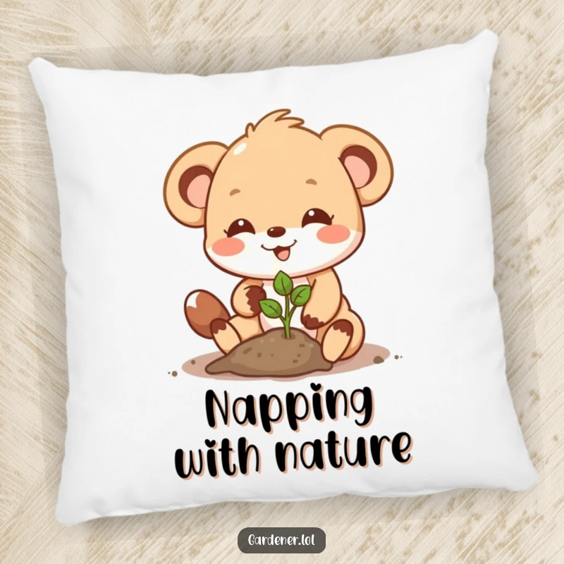Funny Pillow: A happy animal character joyfully plants a seedling with a determined smile, bringing comfort and natural charm.