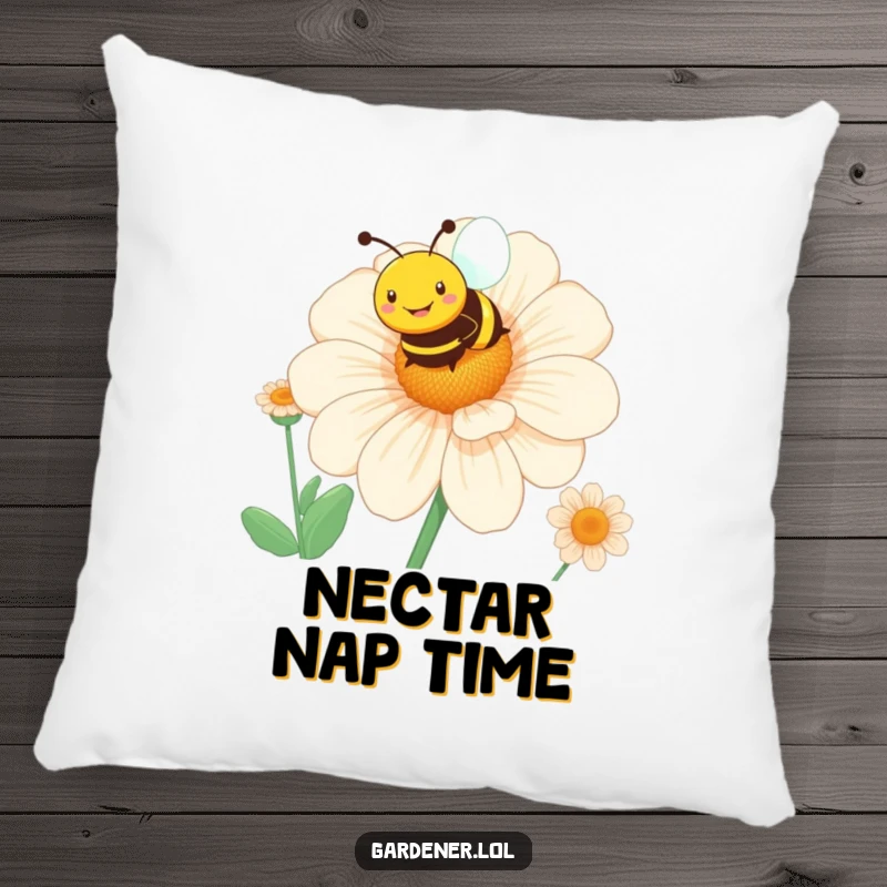 Funny bee flower pillow featuring a smiling character hovering over a giant blooming flower, adding cozy charm.