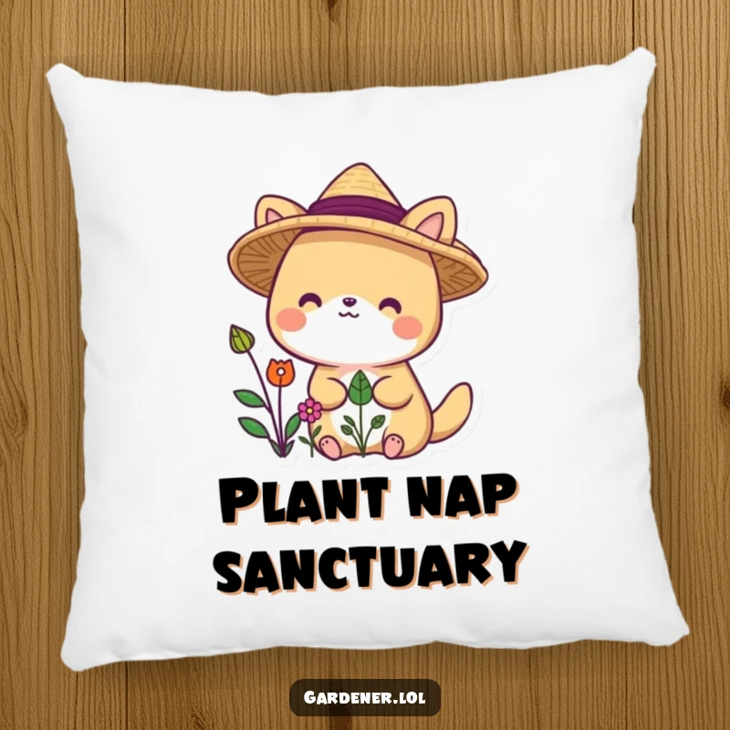 Funny animal character pillow wearing a straw hat, delighted by plants, offering comfort and joy.